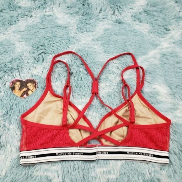 Victoria's Secret Women's Red The Lace Logo Unlined Bralette Bra Large - Picture 2 of 5